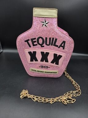 Pink Tequila Novelty Crossbody Bag with Gold Chain